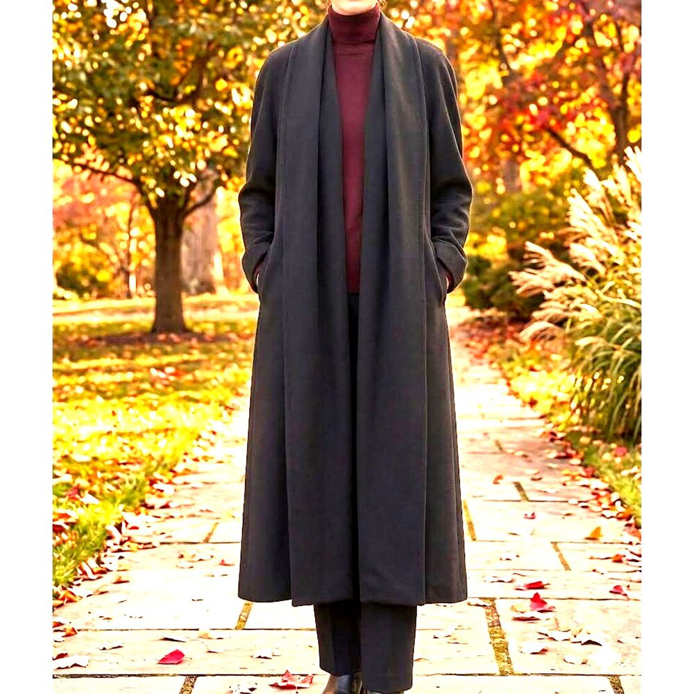 VTG 80's Linda Richards Black Long Wool Open Front Coat Vintage Women's 12 Retro